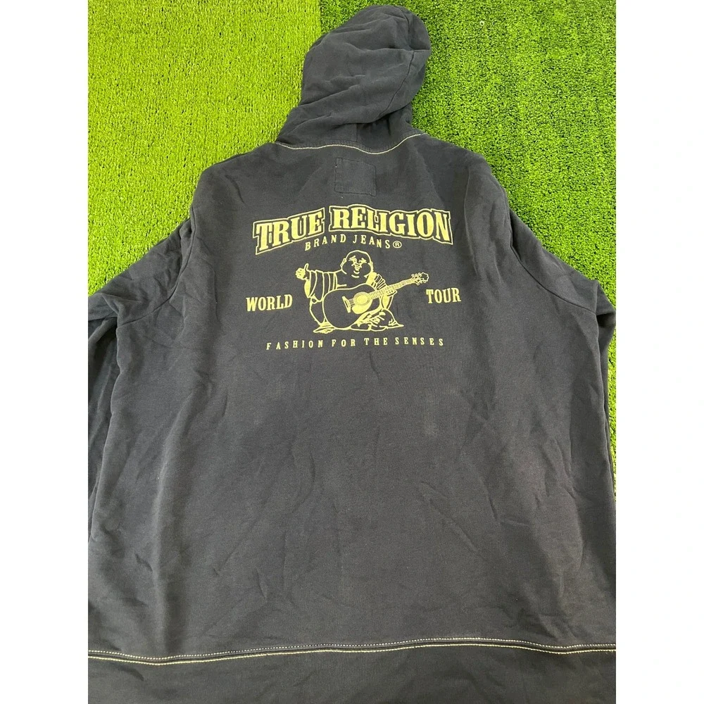 True Religion Mens Navy Blue World Tour Buddha Zip Up‎ Hoodie 3XL Sweatshirt
